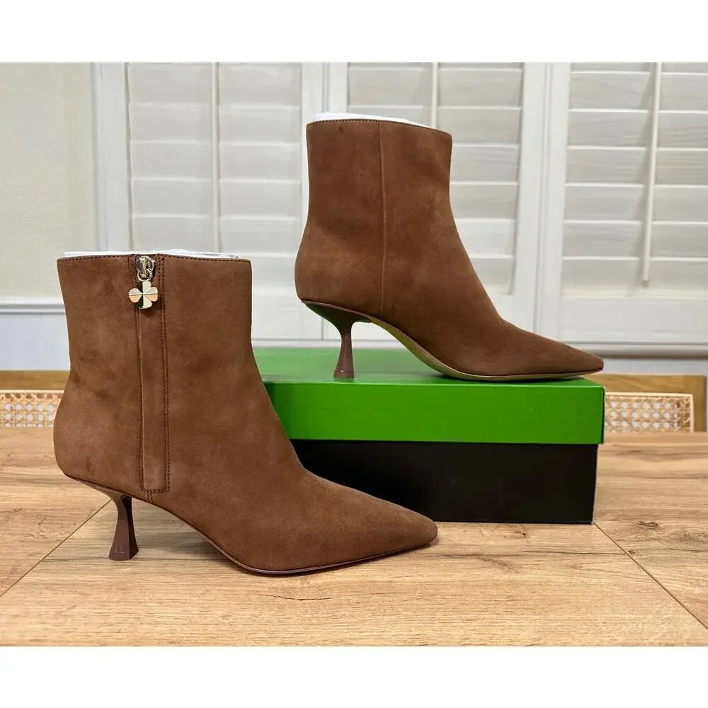 Kate Spade Adele Bootie Hot Chocolate Suede 6.5 Pre-Loved Kitten Heel Pointy Toe